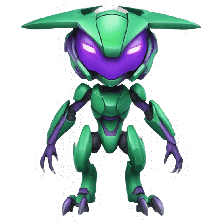 a purple-green Genesect-Raptor-Fakémon—hybrid with a futuristic visor-helmet full body emoji