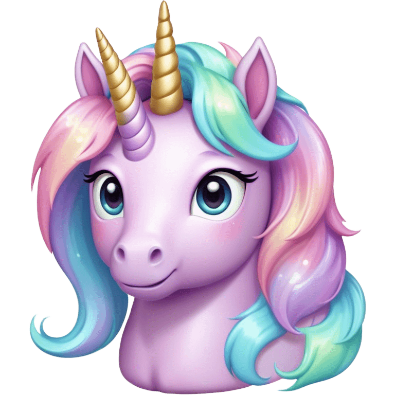 Cinematic pastel-colored unicorn, flowing iridescent mane, big sparkling eyes, tiny rounded hooves, soft chubby cheeks, delicate magical glow surrounding, enchanting and dreamy. emoji