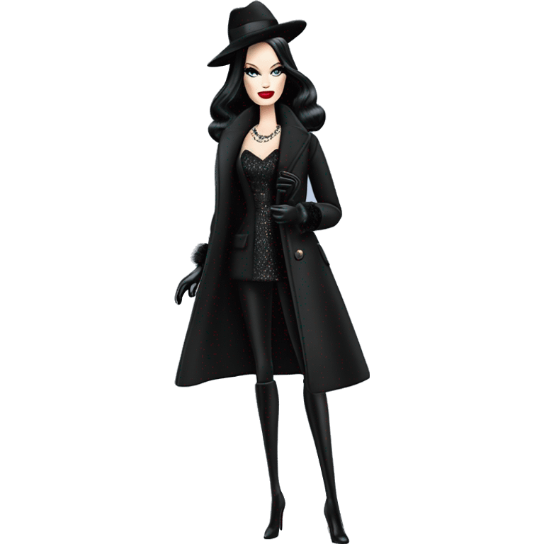 Silkstone Dazzling Winter Barbie Morticia Addams .  Wearing coat gloves boots hat emoji