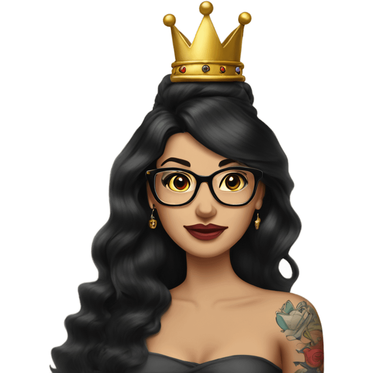 Pinupx long length dark hair and a crown and tattoos and glasses emoji