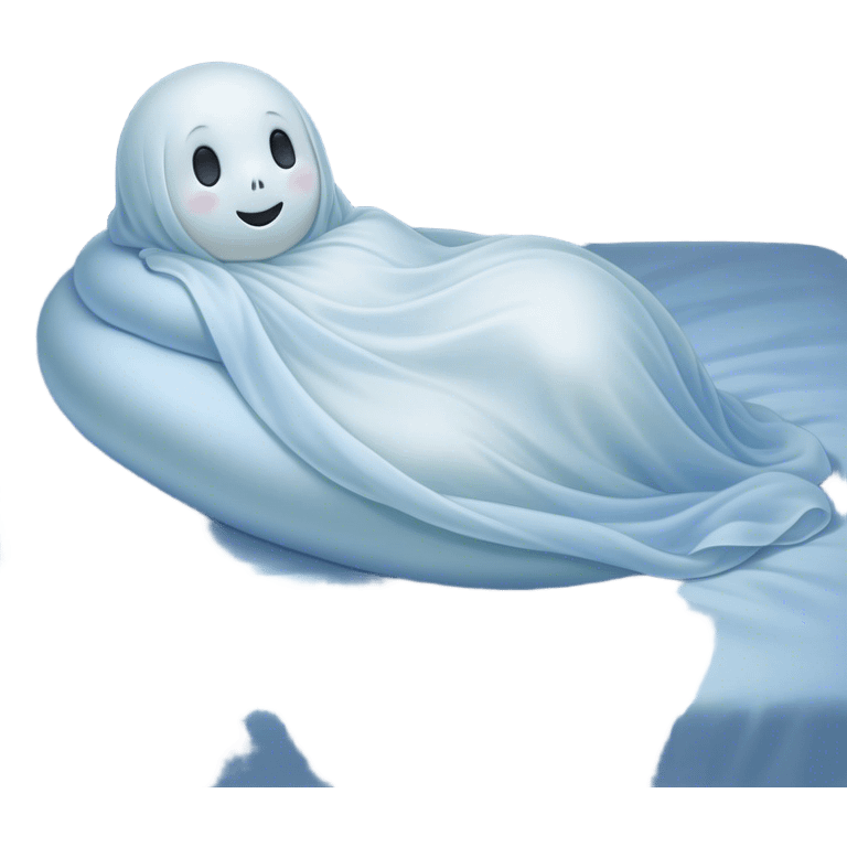 An adorable, peacefully floating sheet-like ghost in gentle pastel whites and blues, its soft, rounded form loosely draped, head resting with closed, serene sparkling eyes and a tiny, contented smile, simplified yet irresistibly charming, highly detailed, with a soft glowing outline that captures the essence of a sleepy, endearing spirit wrapped in cozy slumber! emoji