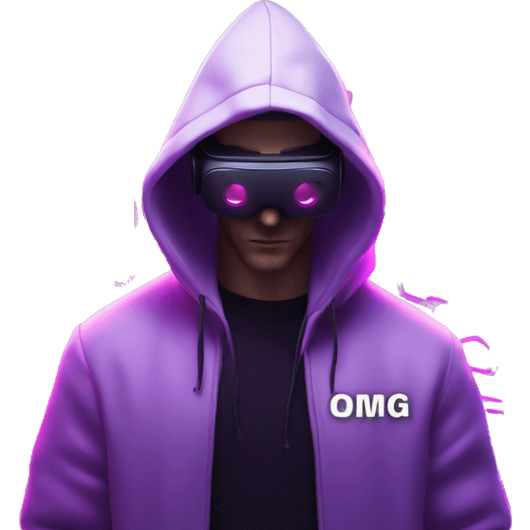 Russian man wearing a black hoodie with "OMG" letters on it and VR headset in a cyberpunk VR environment with violet neon lighting. emoji