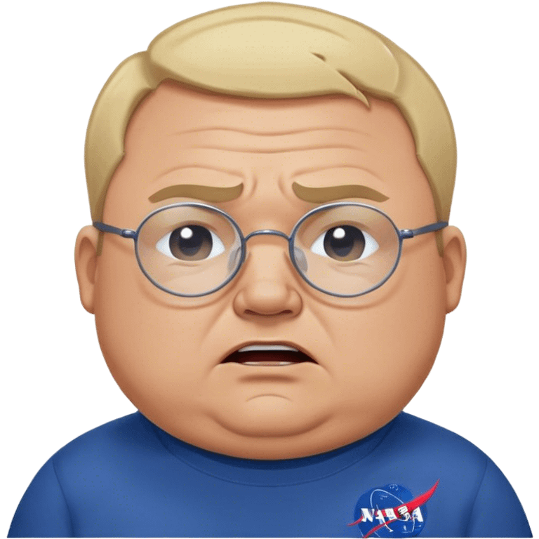 angry chubby man, crying like a kid, with blond short and hight receding hairline, wears a dark blue sweatshirt, nasa logo on the sweatshirt, round glasses without frame, 40 years old emoji