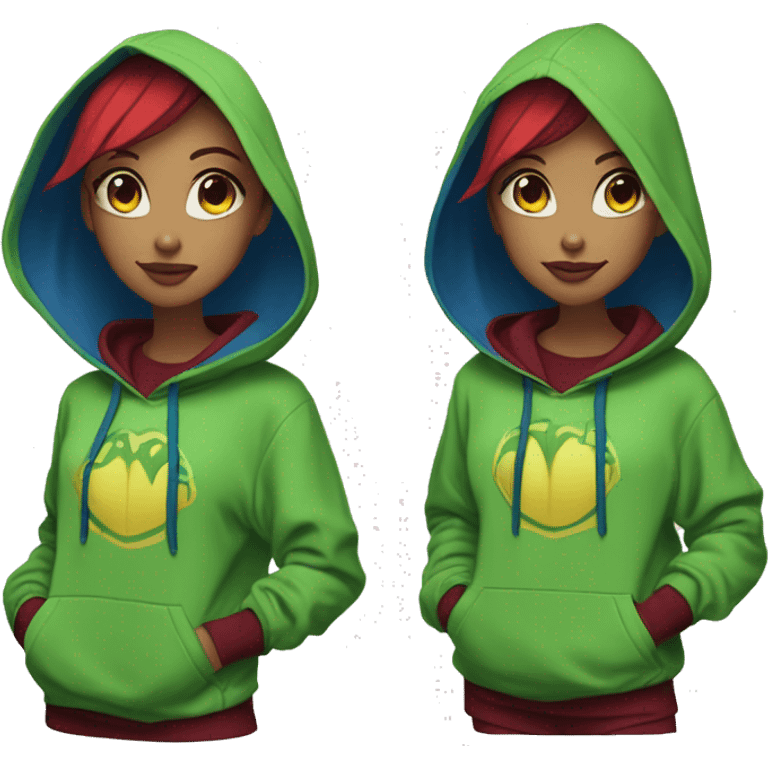 Lady with brunette and iridescent blue hair, gold, lime green dragon wings, maroon hoodie, 420, black and gold Nike t shirt, and bright red eyes emoji