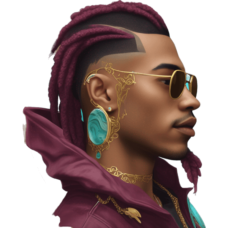 Vintage patina intricate swirls gold jewellery baroque raven wings tropical Deep pink maroon burgundy cyan dark hoodie man vitiligo dyed hair gold piercings nose piercing ear piercings emoji