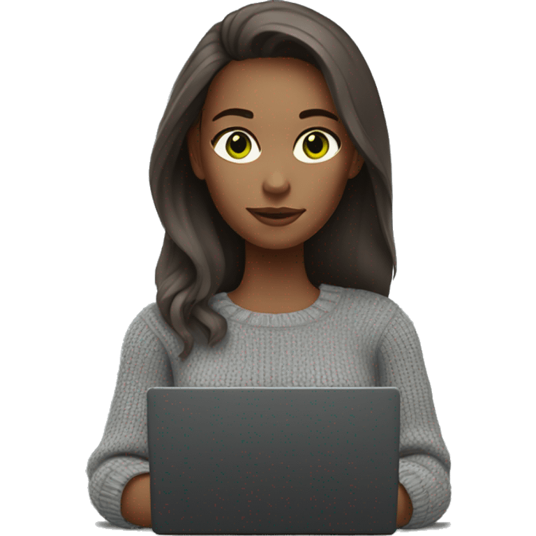 white skin woman, long brown hair, green eyes, in a grey sweater , holding black laptop emoji