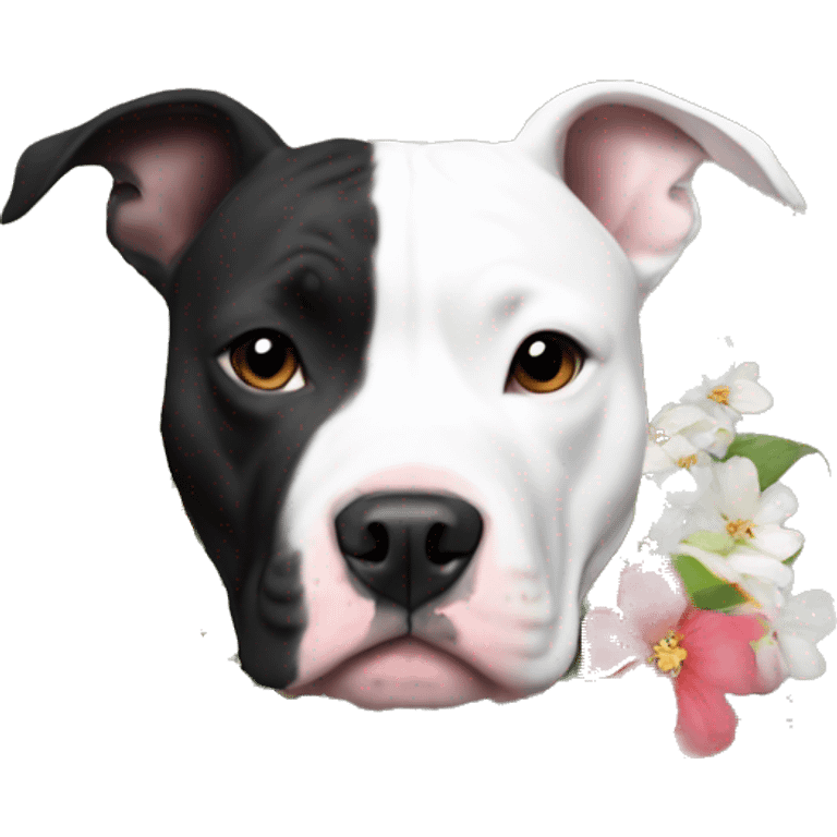 Black and white pitbull with flowers emoji