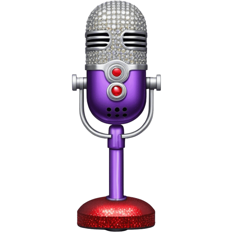 Create a glamorous and vibrant emoji representing stage vocal performance. The design should feature a humanless collage of classic vintage microphone, stage costume covered in rhinestones, large scene speakers, scene lights. The costume should be stylized, with glittering elements like sequins and sparkles, and reflect the glitzy, extravagant nature of show business. The microphone should have a sleek, retro look with chrome or metallic accents. Use rich, dazzling colors like gold, silver, deep purple, and bright red to evoke the glamorous, larger-than-life feel of a stage performance. The background should be transparent. emoji