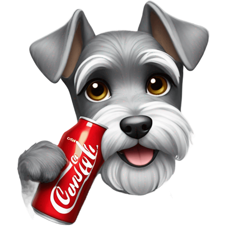 A miniature schnauzer drinking a Coca-Cola emoji