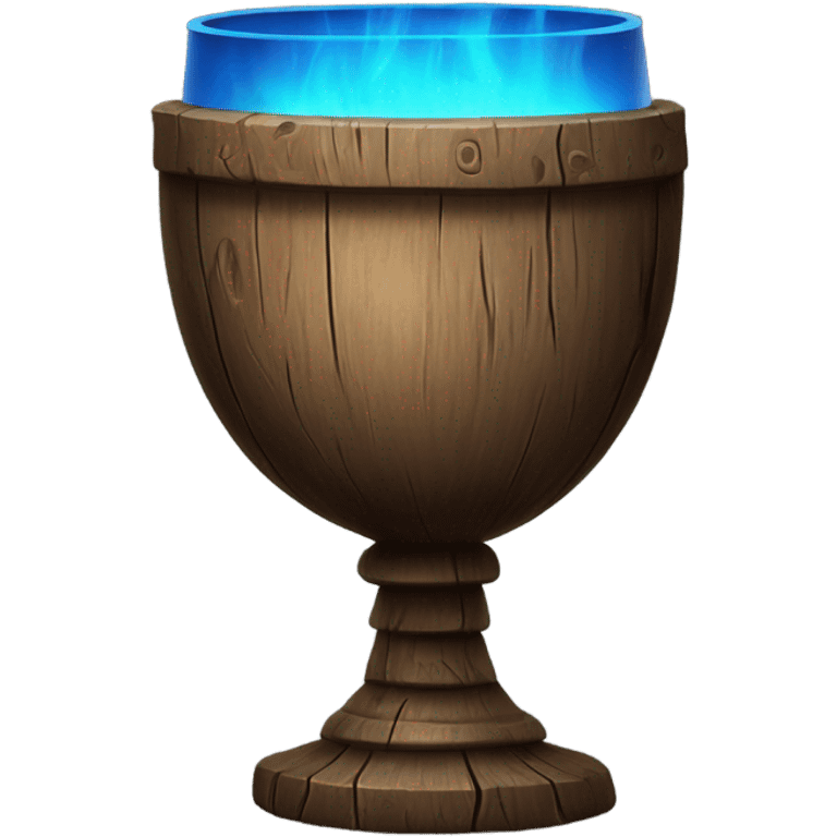 A magical goblet, large and imposing, made of aged wood with a smooth surface. It emits a kind of blue fire, standing out as a symbol of power and mystery. emoji