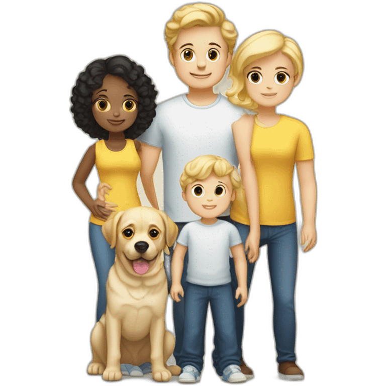 A familia husband and wife a boy of 7 with blond hair another boy of 5 with black hair a baby girl 14 month with blond curly hair, a yellow Labrador and a white pugg emoji