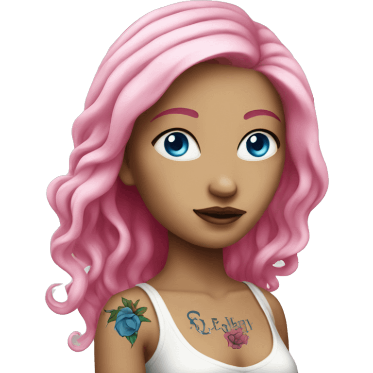 White lady with hot pink long hair, blue eyes, tattoos emoji