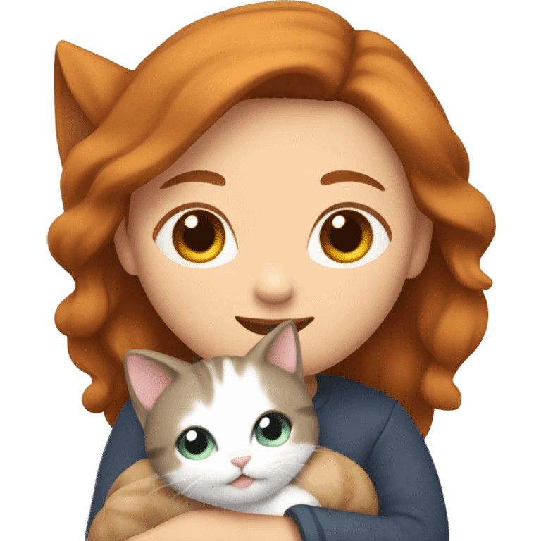 a woman with brown hair holds a ginger cat in one hand and a gray and white cat in the other  emoji