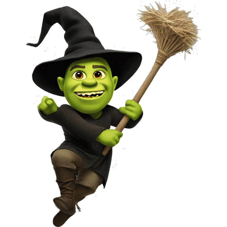 Shrek flying on a broom stick like elphaba emoji