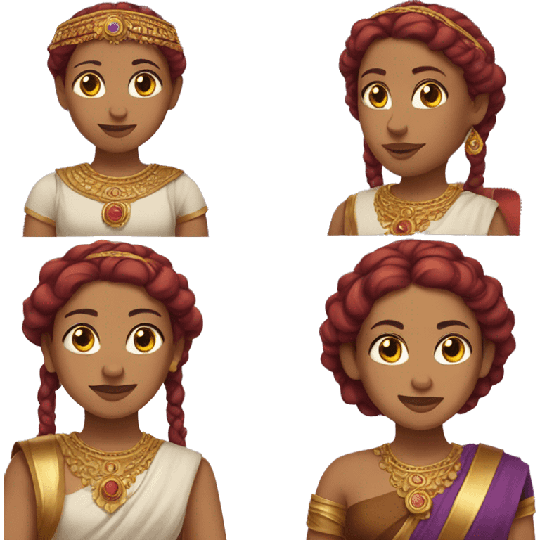 Indian woman with purple eyes, brown short hair with red braids and a gold circlet emoji