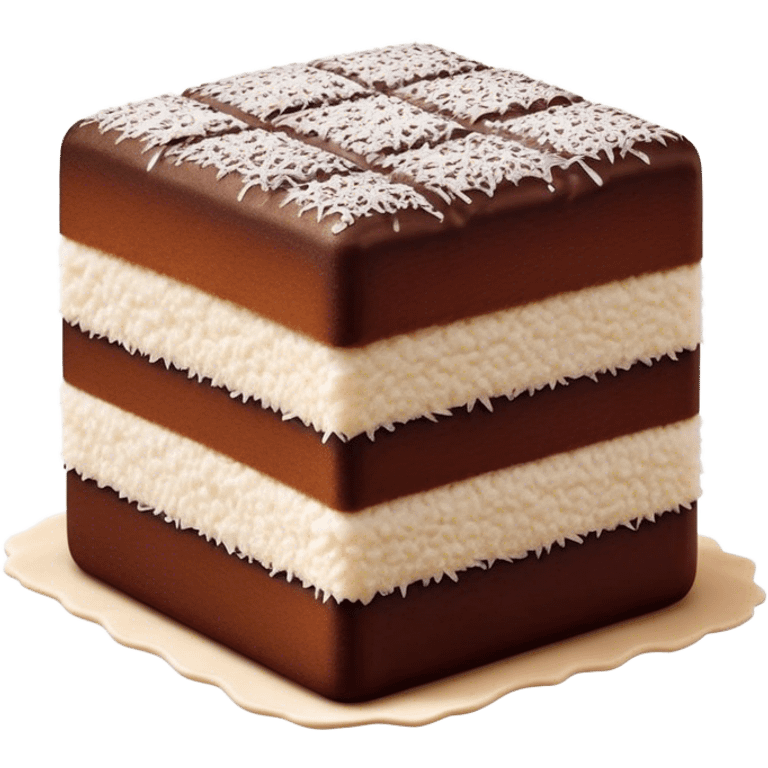 Lamington Cinematic Realistic Lamington Dessert Emoji, depicted as a sponge cake square coated in chocolate and dusted with coconut on all sides, rendered with lifelike textures and vibrant, tropical lighting. emoji