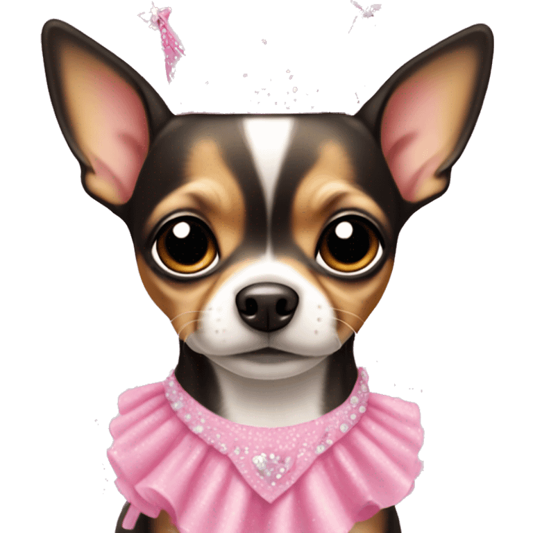 black & tan chihuahua puppy wearing a pink princess dress emoji