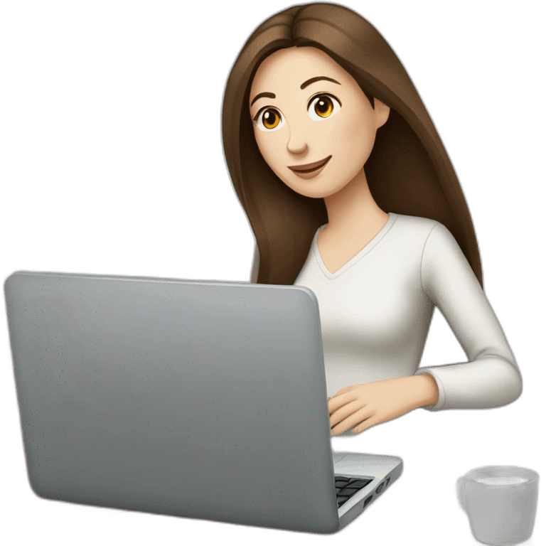 woman with long straight brown hair and pale skin using a laptop as a tray for a coffee mug emoji