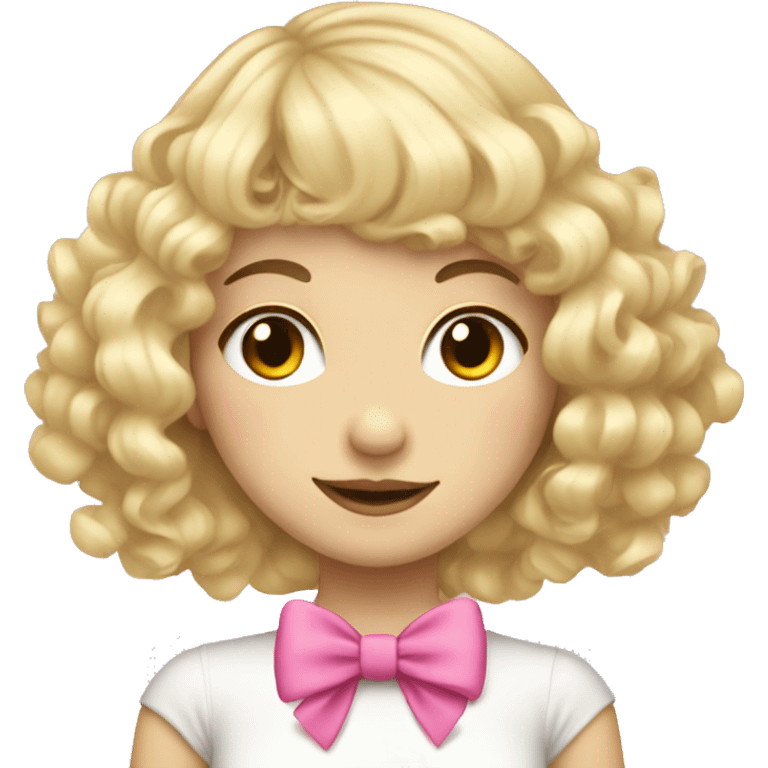 Blonde pale girl with bangs and pink bows in her curly, long hair  emoji