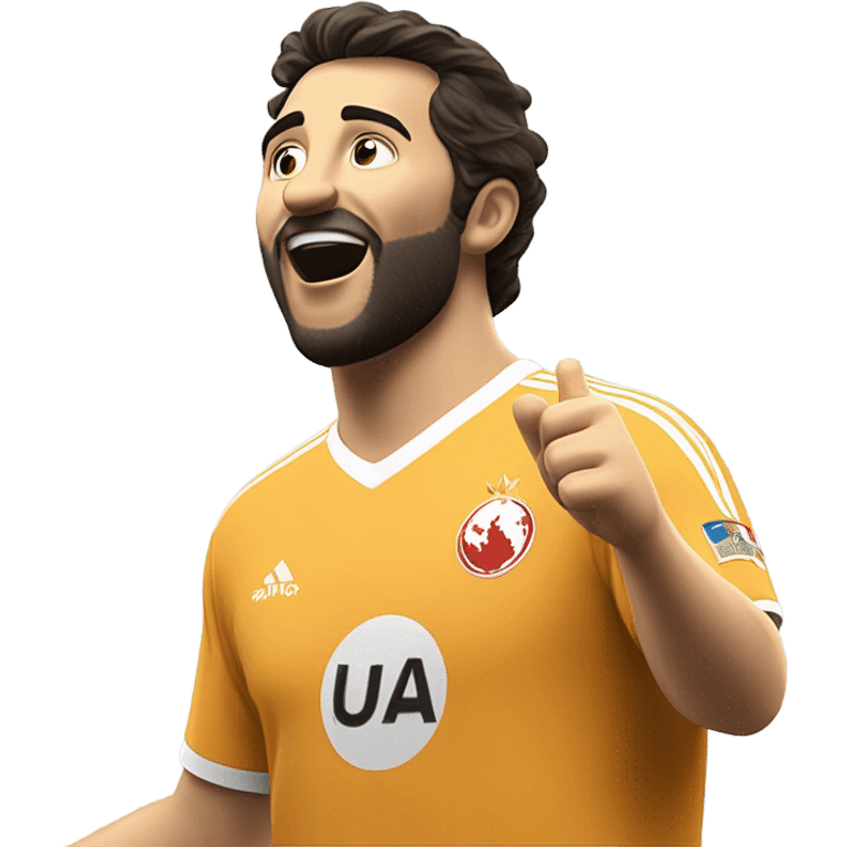 Arda Güler celebrating a goal: his right hand firmly placed on his chest while his left hand is raised and pointing towards the sky, capturing a moment of youthful exuberance, gratitude, and joy emoji