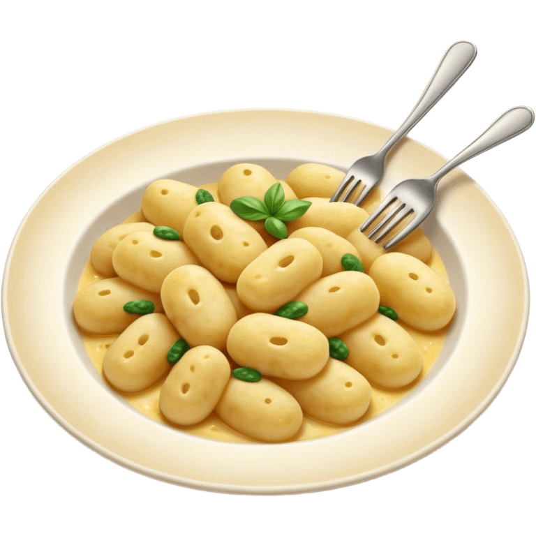 Gnocchi Cinematic Realistic Gnocchi Dish Emoji, depicted as tender oblong potato gnocchi garnished with iconic fork marks on top, rendered with soft textures and warm, inviting lighting. emoji