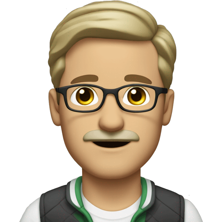 a forty-year-old white man with brown-green eyes, ash-colored short hair, a mustache and a goatee on his chin, wears fashionable glasses and an earring in his left ear emoji