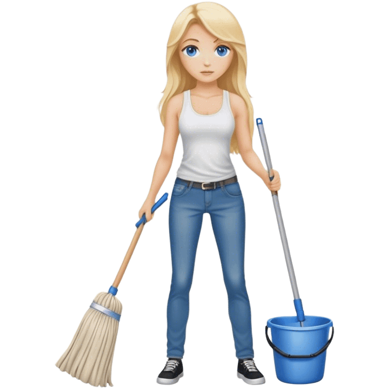 Cinematic realistic blonde with long hair and blue eyes, dressed in jeans and a tank top, holding a mop in her hands emoji