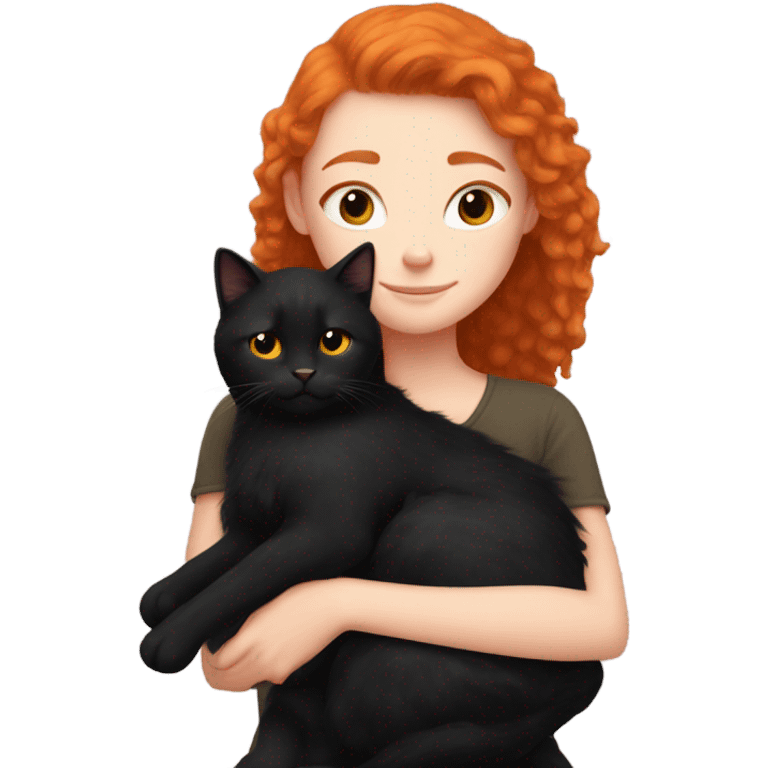 Ginger girl cuddling with black fluffy cat  emoji