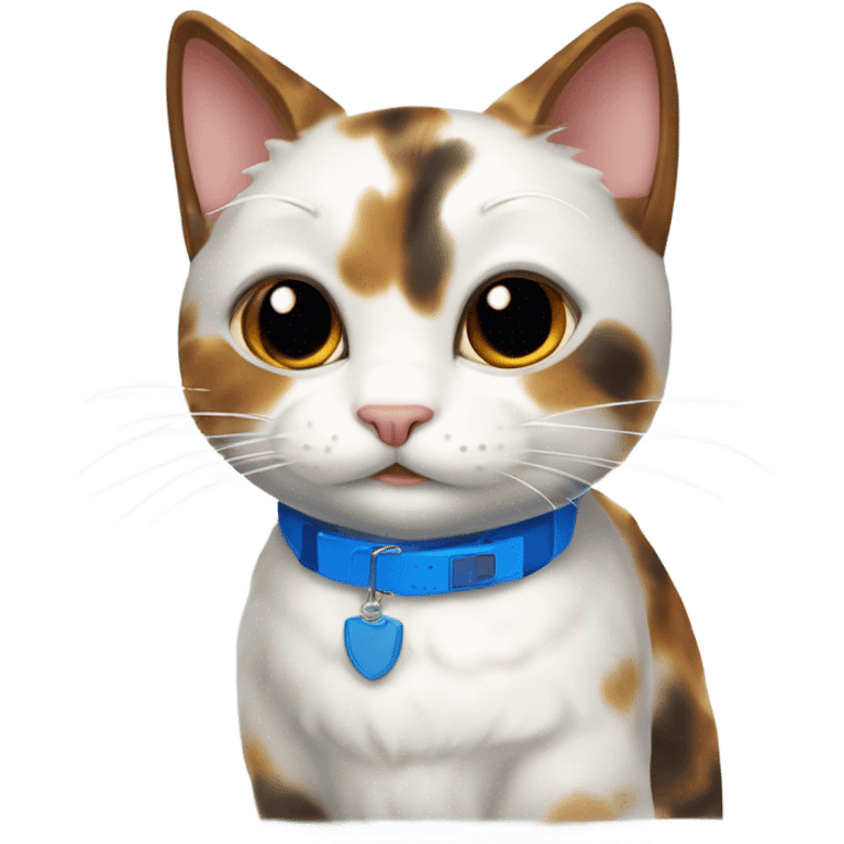 happy cute tortoiseshell white cat with blue cat collar, full body  from half side perspective  emoji