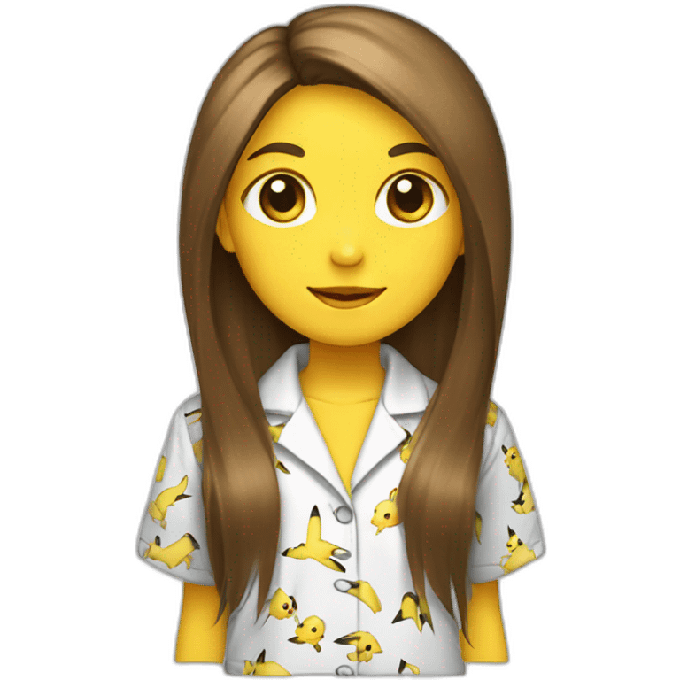 Brown straight long hair white woman wearing pikachu pyjama emoji