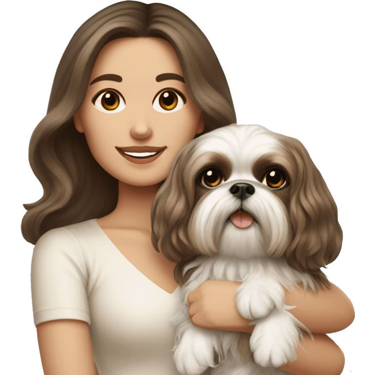 Young brunette hair woman with a cream shih tzu in her arms long wavy hair emoji