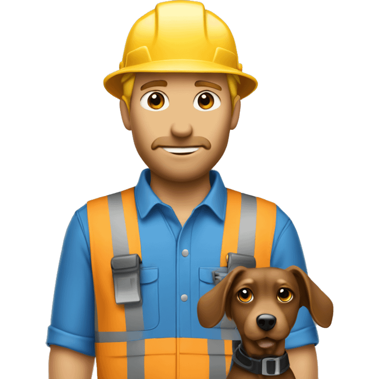 Blonde male Construction worker wearing a hat and blue work wear with small black and brown curly dog  emoji