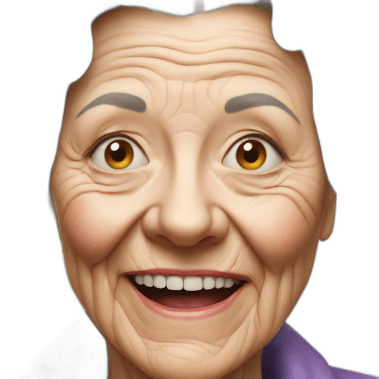 hyperrealistic photo of an elderly woman with super hard wrinkles looking at the camera smiling like a menace with sharp teeth emoji