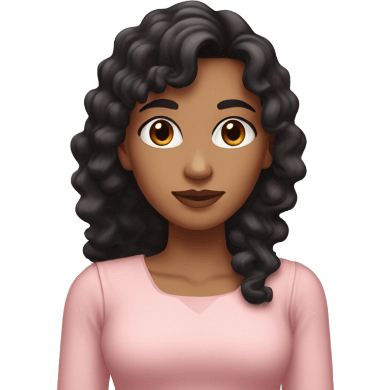 White woman with long black curly hair and bangs and dark brown eyes, wearing a pastel pink dress emoji