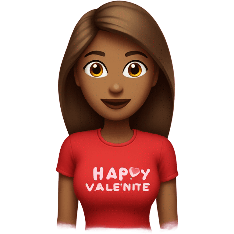 brown lady, medium brown long straight hair, red lips, eyelashes, wearing red “happy Valentine’s Day” t shirt emoji