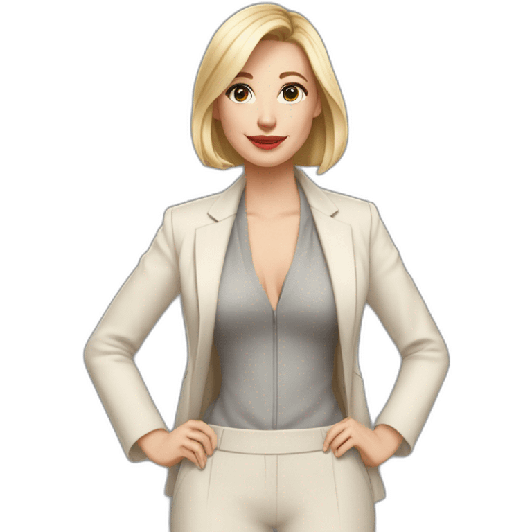 Full height Actively gesturing with hands pale skin woman with ash blonde Straightened bob Hair, White Spacious classical jacket, beige palazzo Arrow pants and gray blouse emoji