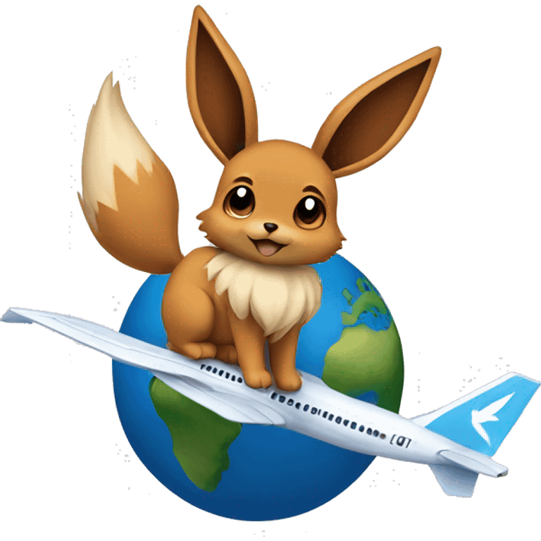 Eevee sitting on an Airplane which is flying around the shape of the world  emoji