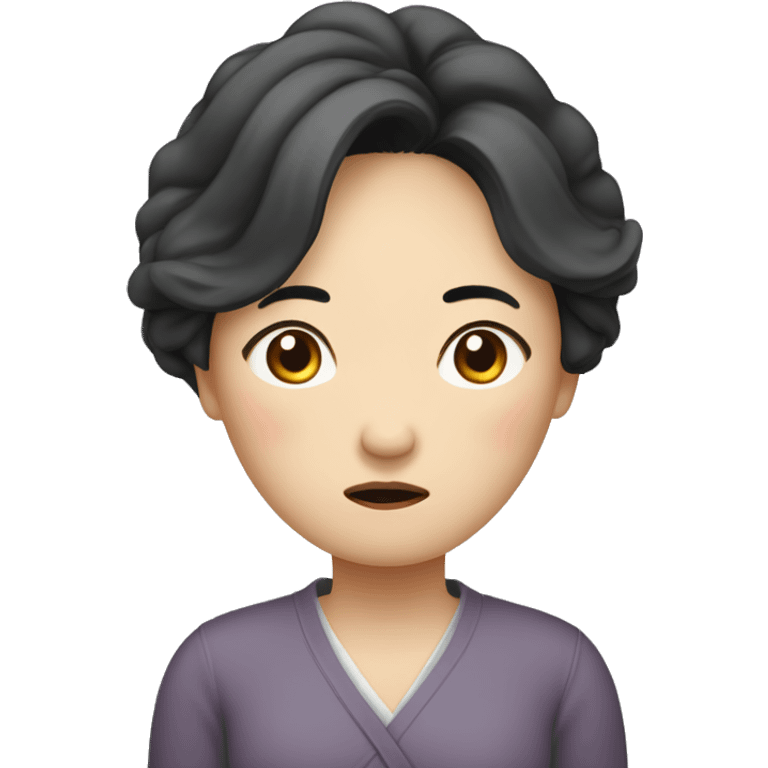 Middle-aged Korean woman in her 40s, with only one hand on her head, distressed face, sad expression, black hair emoji