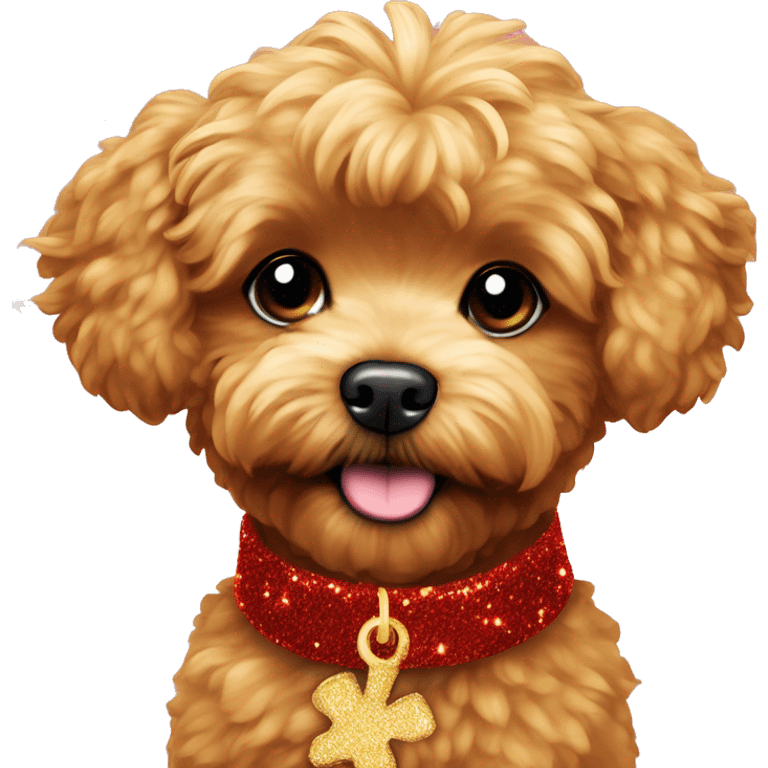 Red maltipoo with gold glitter tinsel around his neck emoji