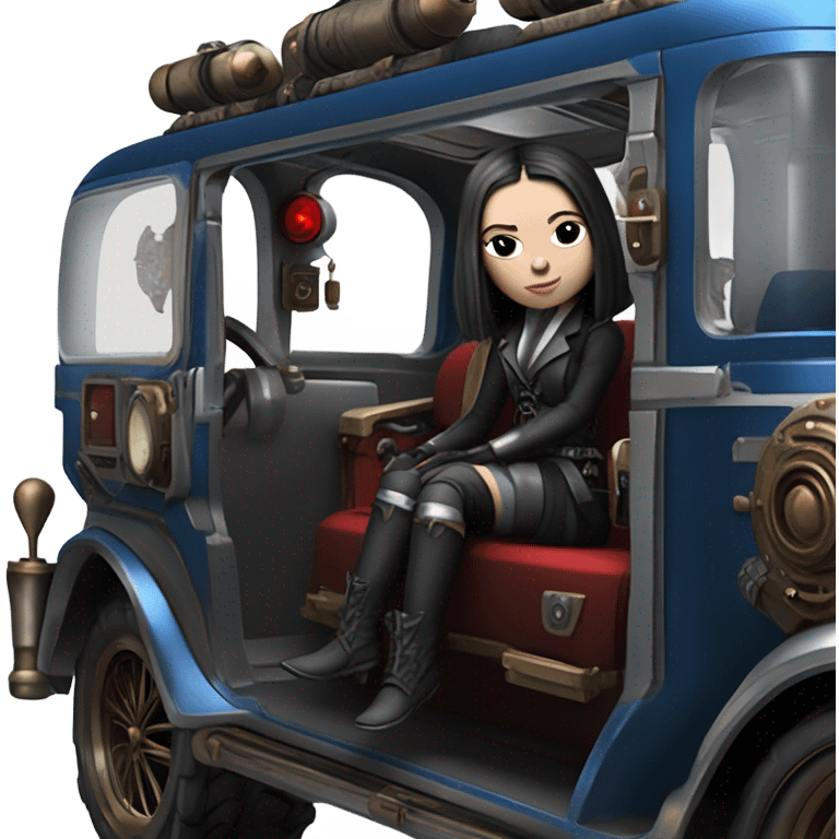 Jedi bounty hunter Wednesday Addams racing sitting in a modern blue,red and pewter steampunk electric luxury emoji