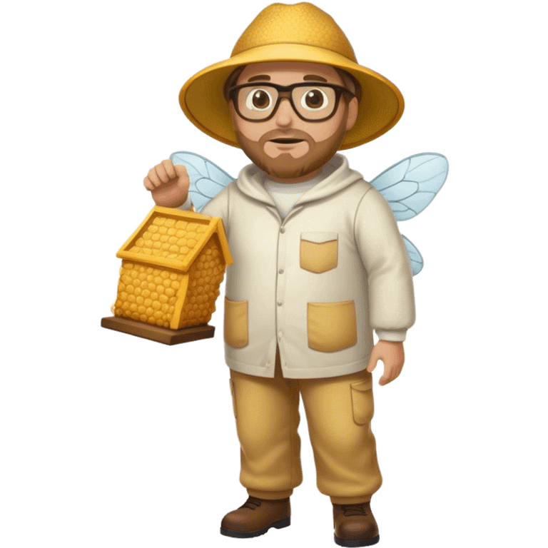 full body plus size bee keeper with light brown hair a goatee wearing glasses  emoji