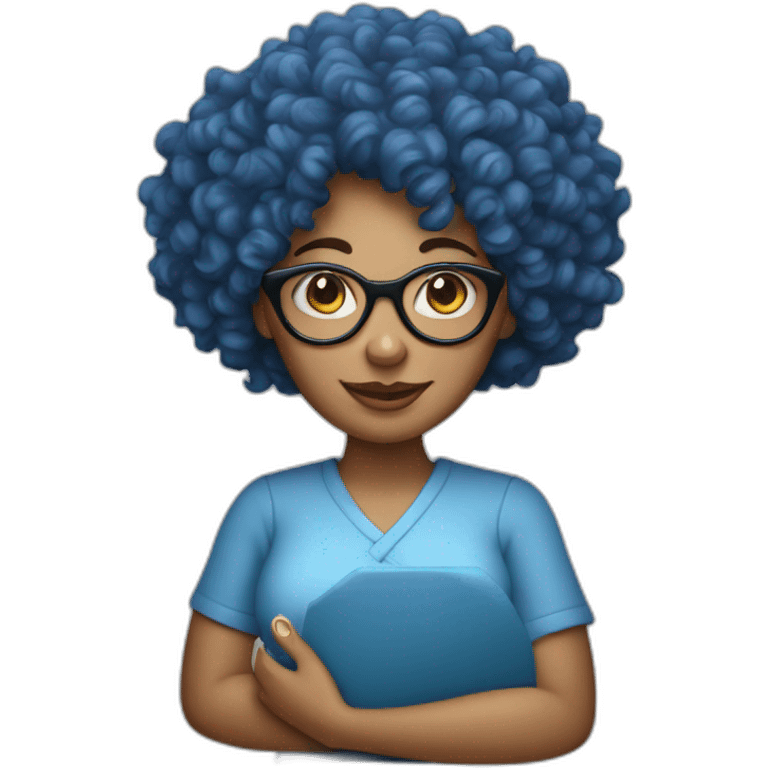 blue curly hair woman with glasses holding a ham emoji