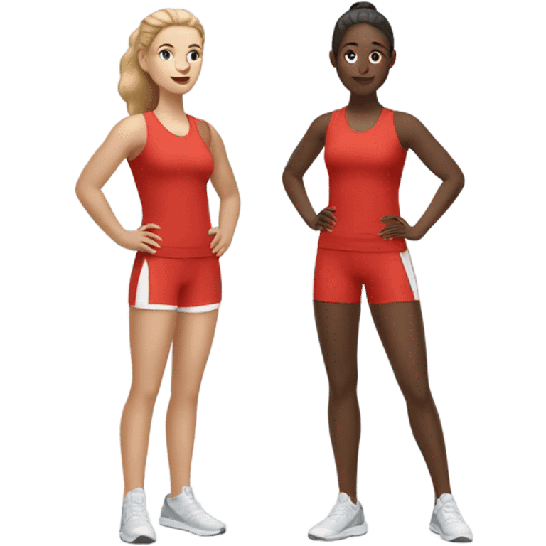 2 white woman in sportswear talking, one is red color emoji