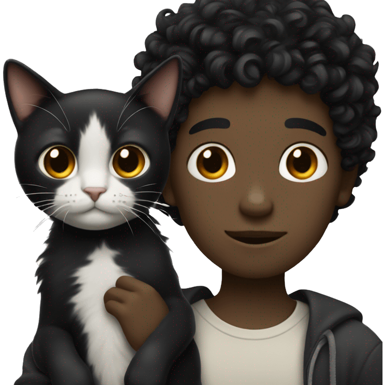 White boy with curly black hair holding a black cat  emoji