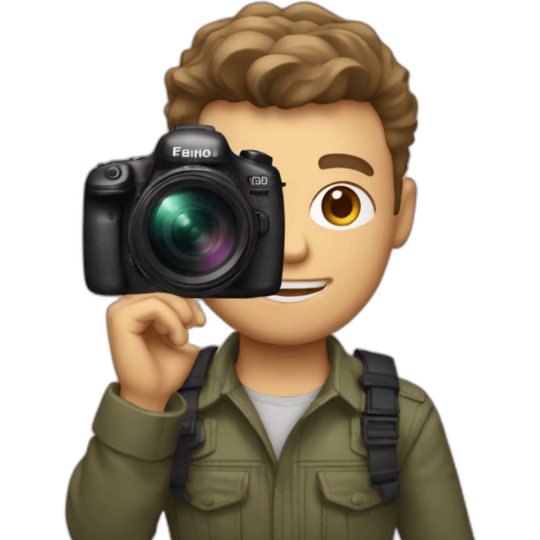 Male Photographer shaved Caucasian wavy hair brunette holding camera emoji