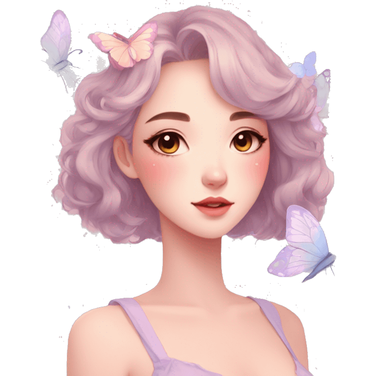 Gorgeous pastel anime style lady with blushing face and butterflies aesthetic trending style emoji