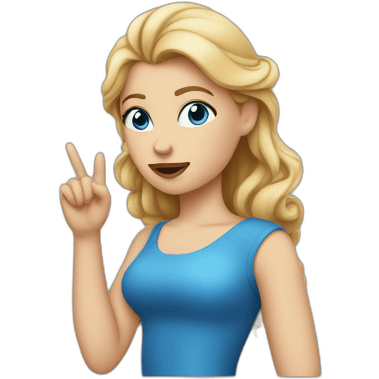 the white girl in the blue dress thinks with her finger to her lips. emoji