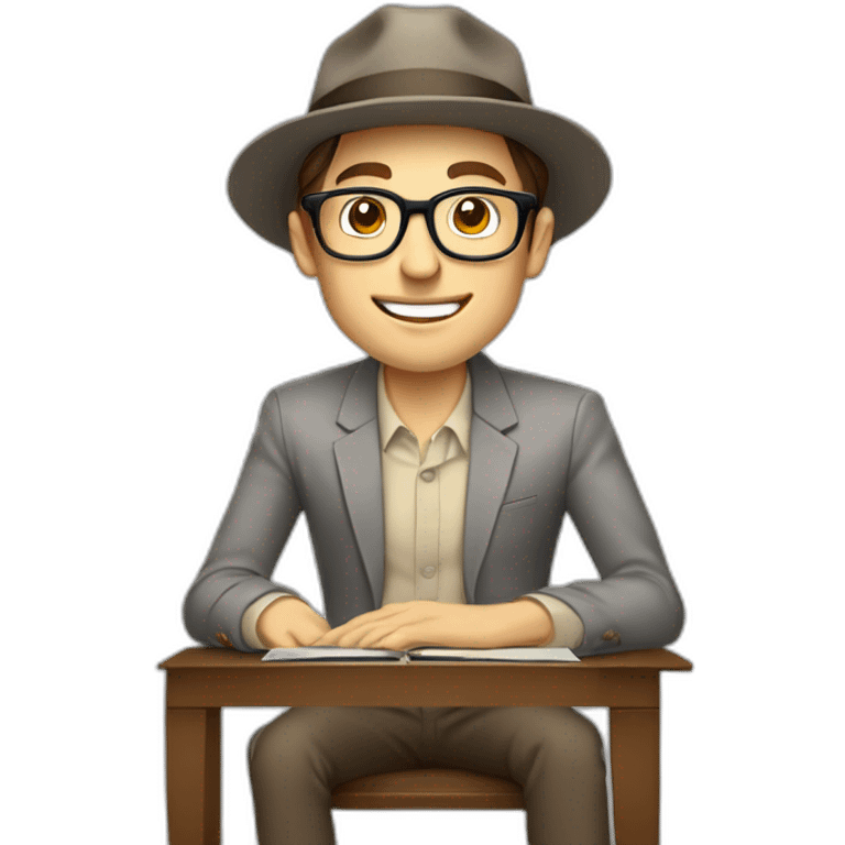 Pale skinned Fit Man With dark brown hair in gray jacket, beige office shirt, Brown pants and vintage glasses In a hat like a joke sitting In a soft chair with a notebook and a pen  emoji