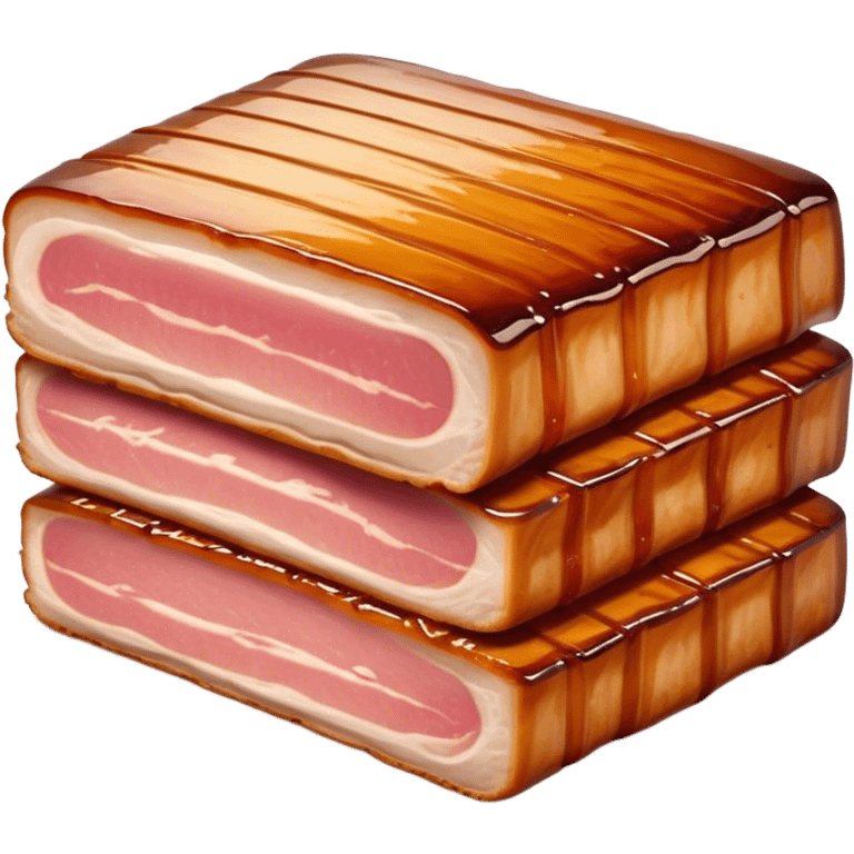 Cinematic tender pork belly, slow-roasted to perfection, crispy caramelized edges, glistening with juices, sliced into thick, rich layers, warm golden tones, luxurious and indulgent. emoji