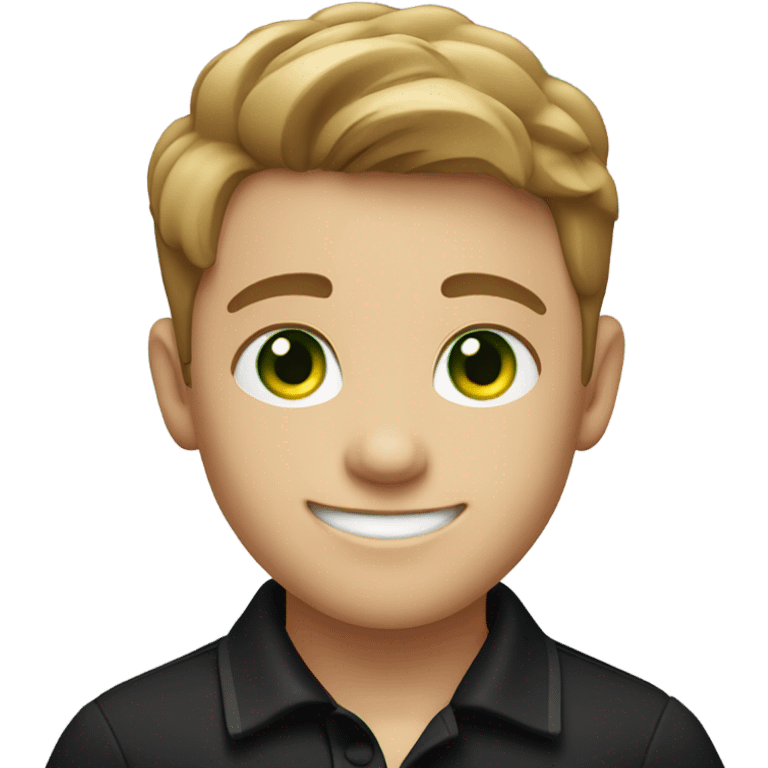 a boy with green eyes and light brown hair wearing a black polo smiling emoji